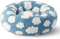 Round plastic dog bed with plaid cushion available in multiple colours and four size options