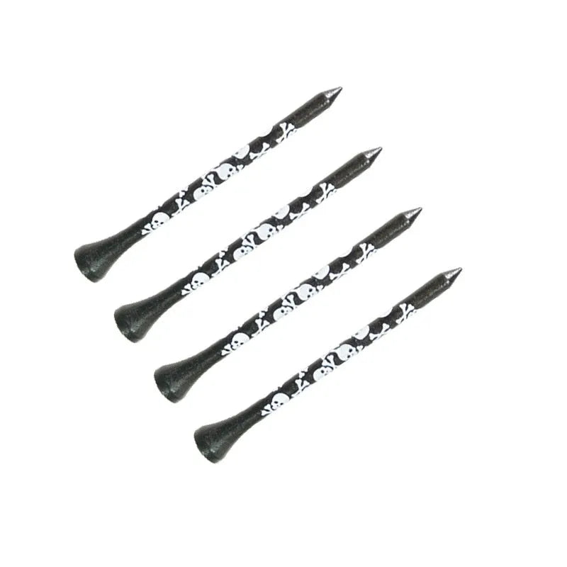 Ten bamboo golf spike dowel pins with black skull print, showing 70mm and 83mm length options.