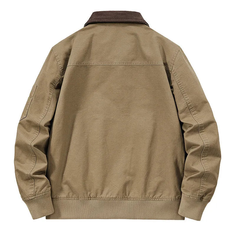 Men's plus size washed cotton baseball jacket in beige colour with full zip front.