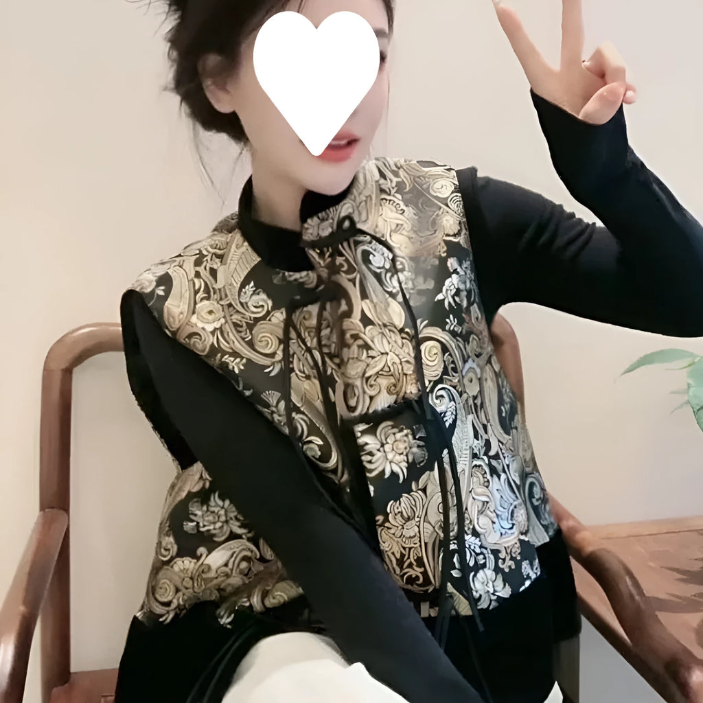 Retro Tang Suit style vest with plant and flower pattern, button cardigan front, 50cm length, picture colour