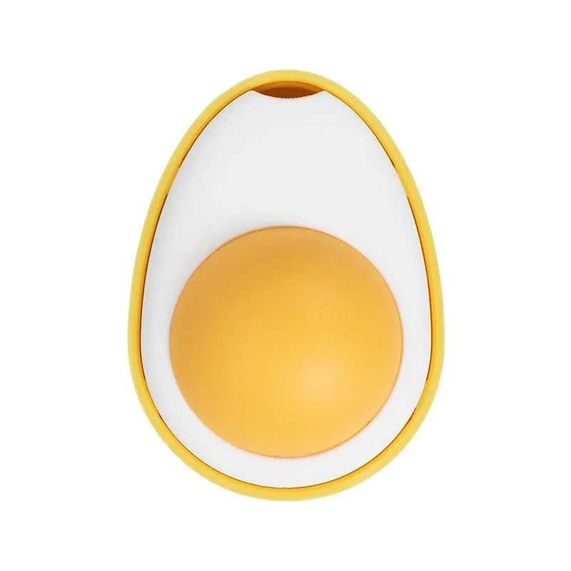 Interactive plush catnip ball toy stuck on a wall, showing Fried Egg and Poached Egg shape options.