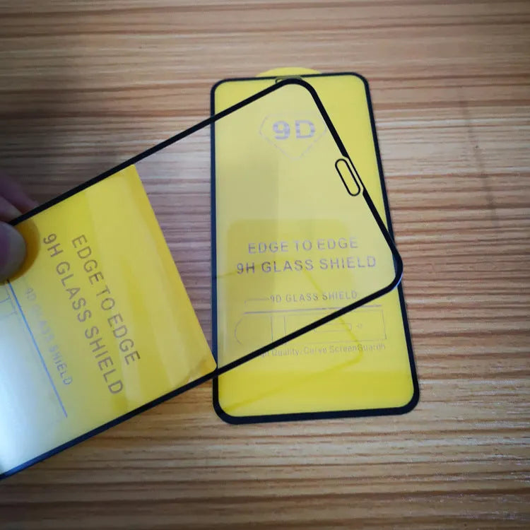 Black full screen glass tempered film for Xiaomi smartphones on a white background.