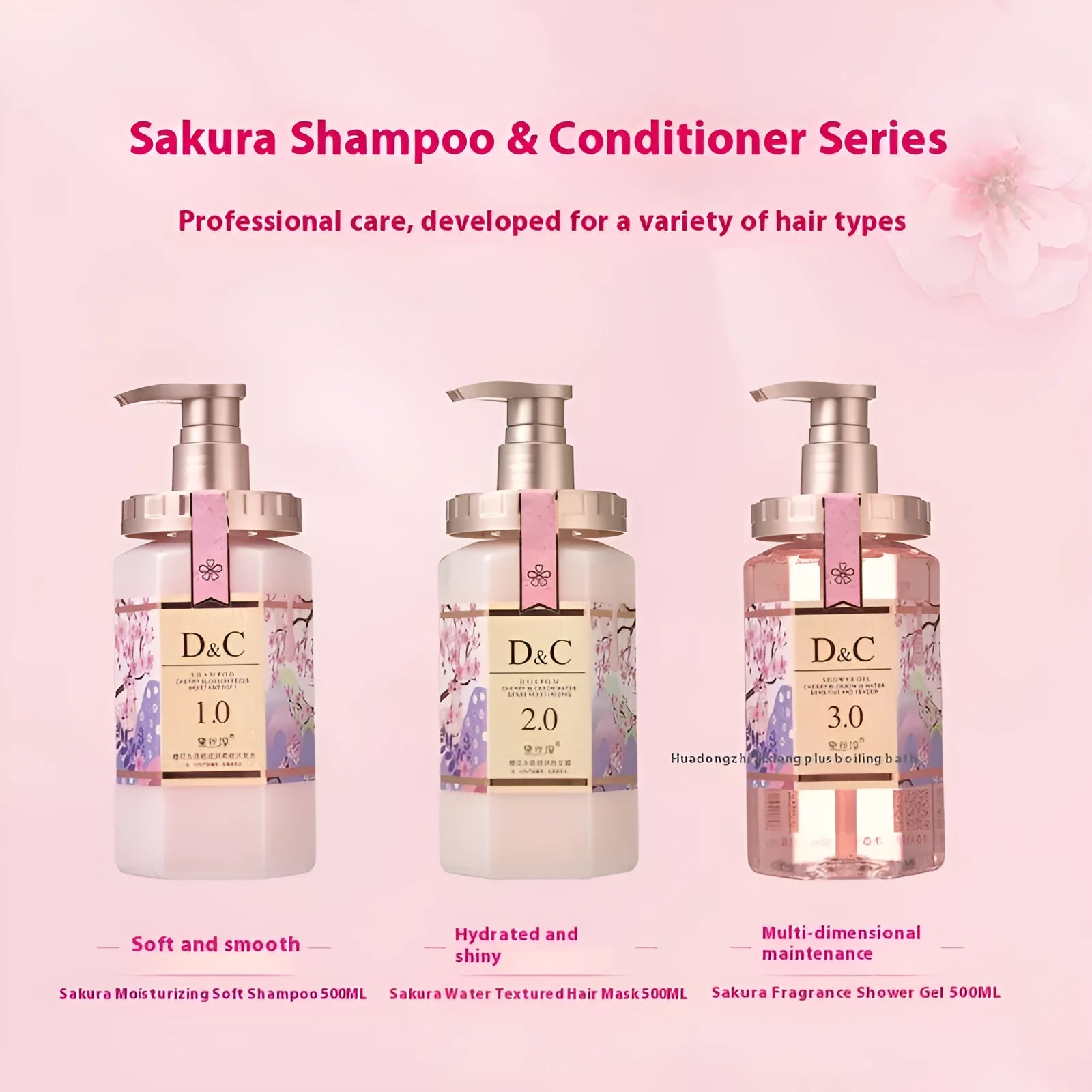 Sakura blossom shampoo, conditioner and shower gel 500ml wash suite set