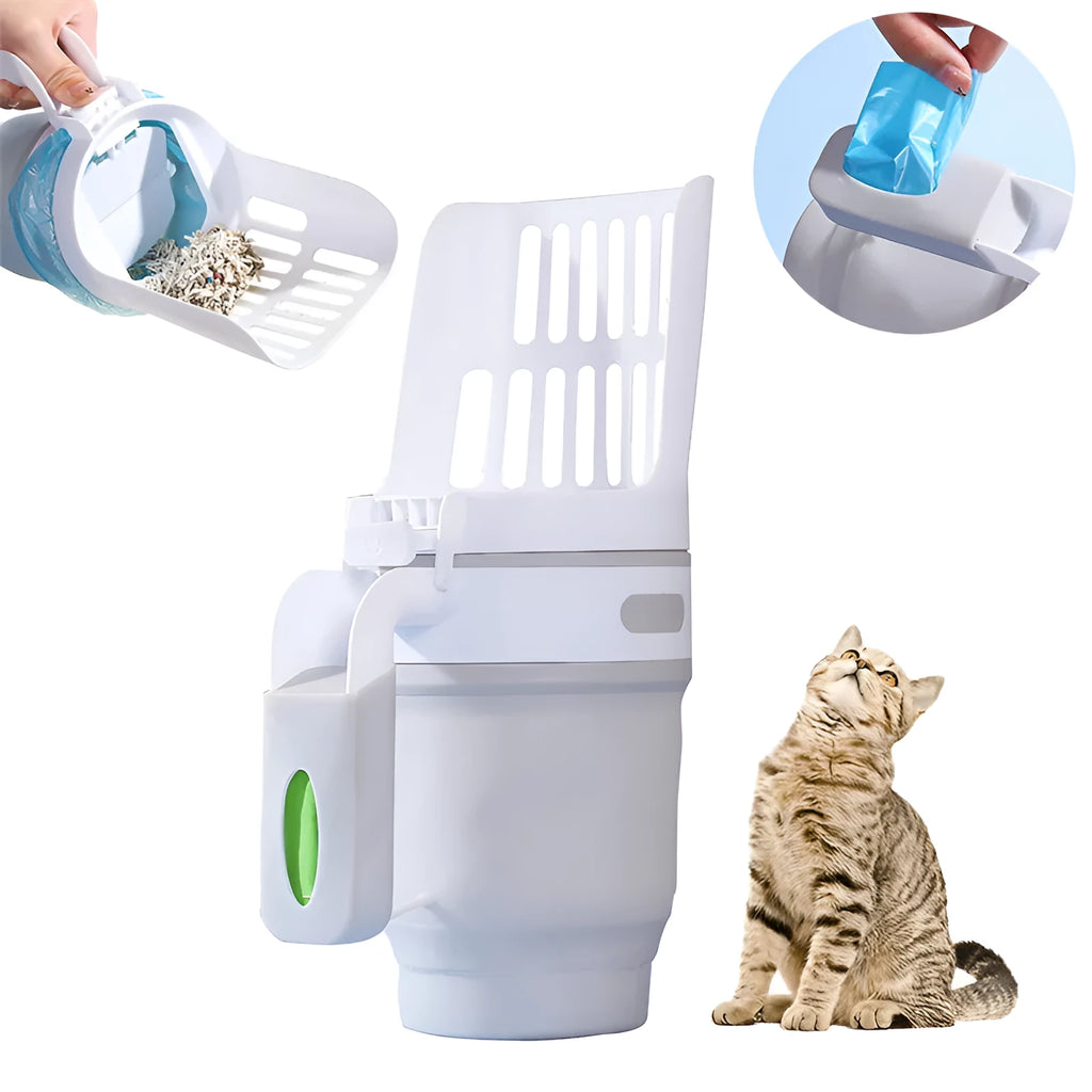 Grey cat litter scoop and waste bin system with foldable bottom and refill bags