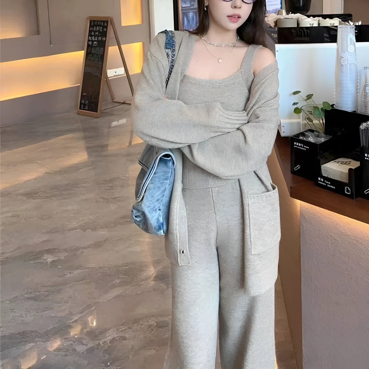 Women's knit cardigan vest trousers three-piece set in beige wool blend fabric