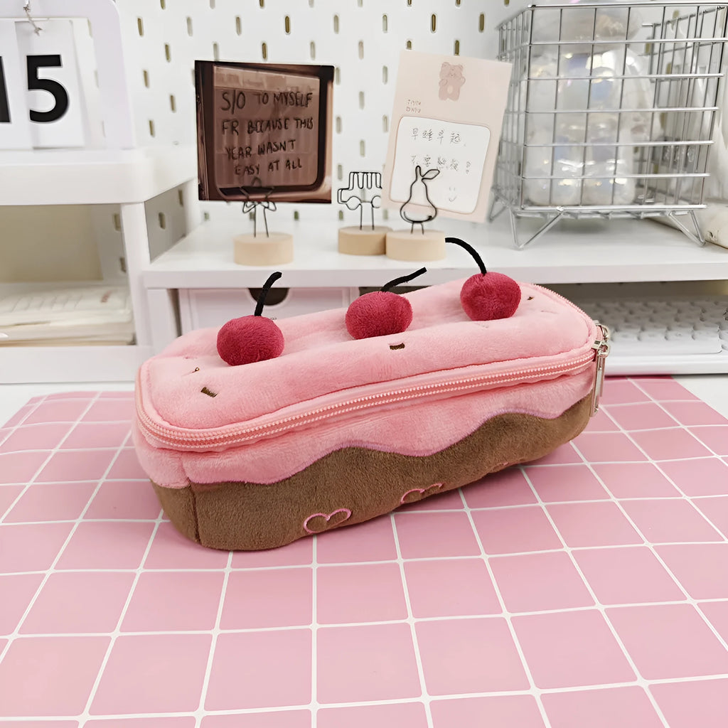Cherry Cake plush velvet pencil case with zip closure in Korean style design