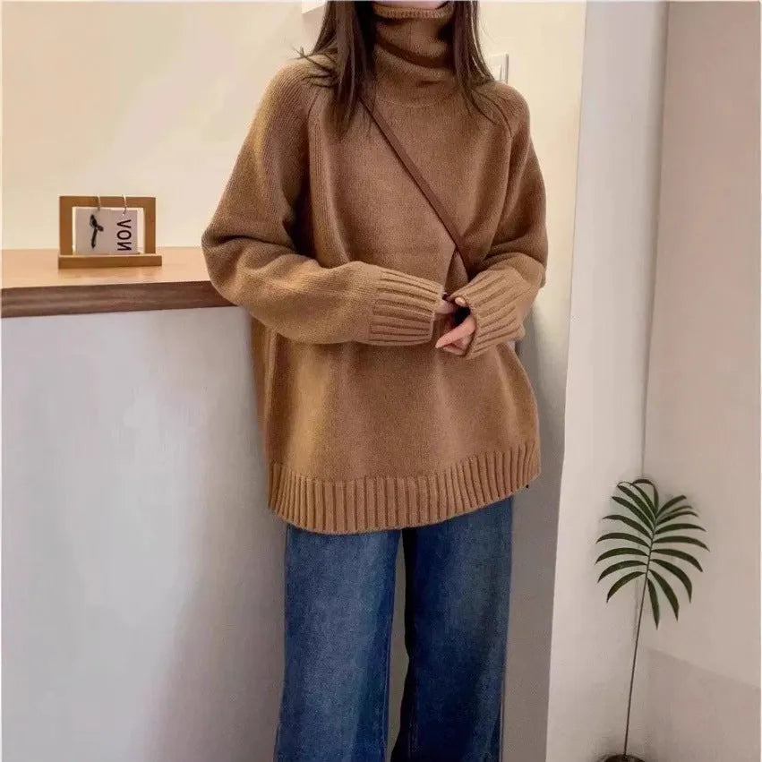 Women's loose thick turtleneck sweater with curling pile collar in red, camel, grey, or black