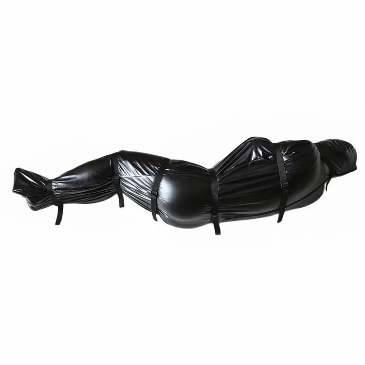 Black patent leather adult restraint harness with full body wrap and six ratchet tie-down pieces