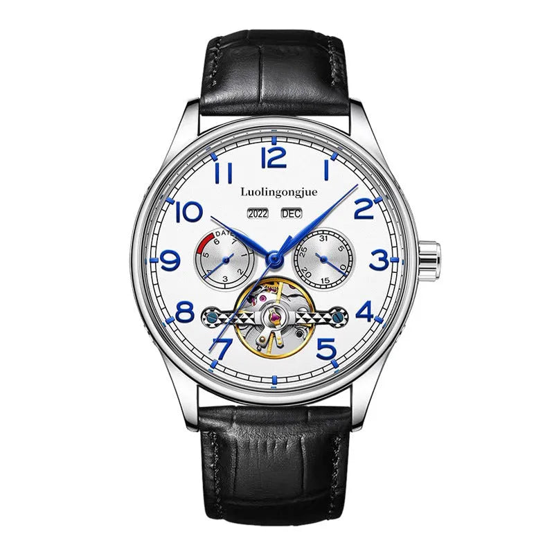 Men's mechanical business watch with hollow design showing movement and sapphire crystal glass