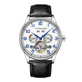 Men's mechanical business watch with hollow design showing movement and sapphire crystal glass