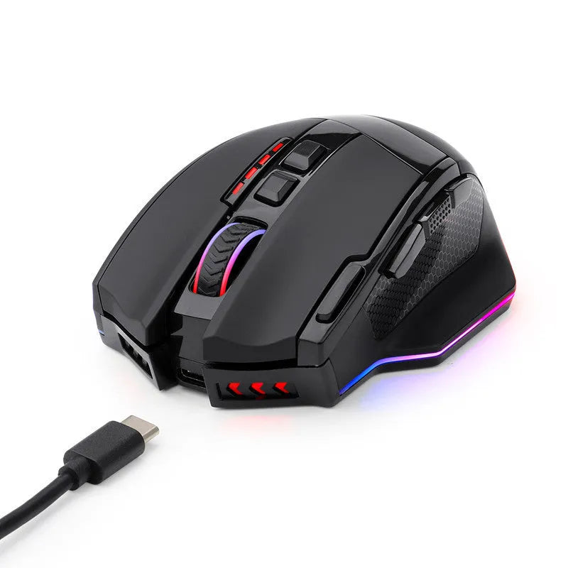Redragon M801P black gaming mouse showing nine programmable buttons and dual-mode wireless/wired connectivity