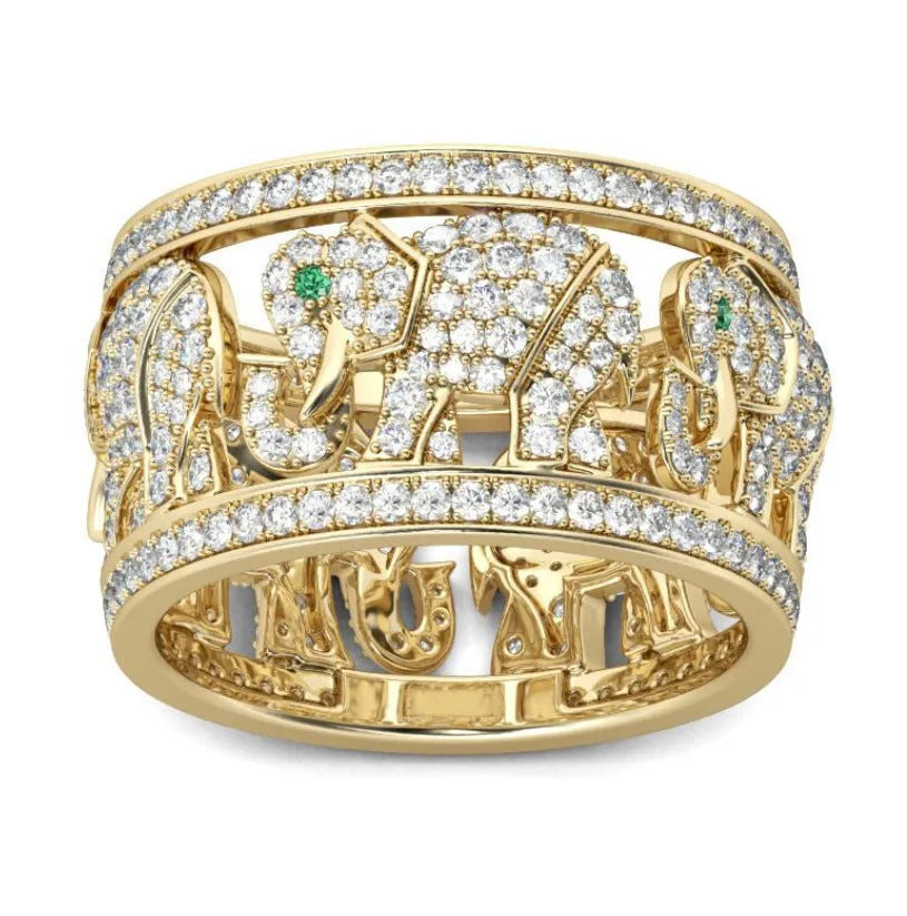 Elephant design ring with full diamond decoration and electroplated alloy construction