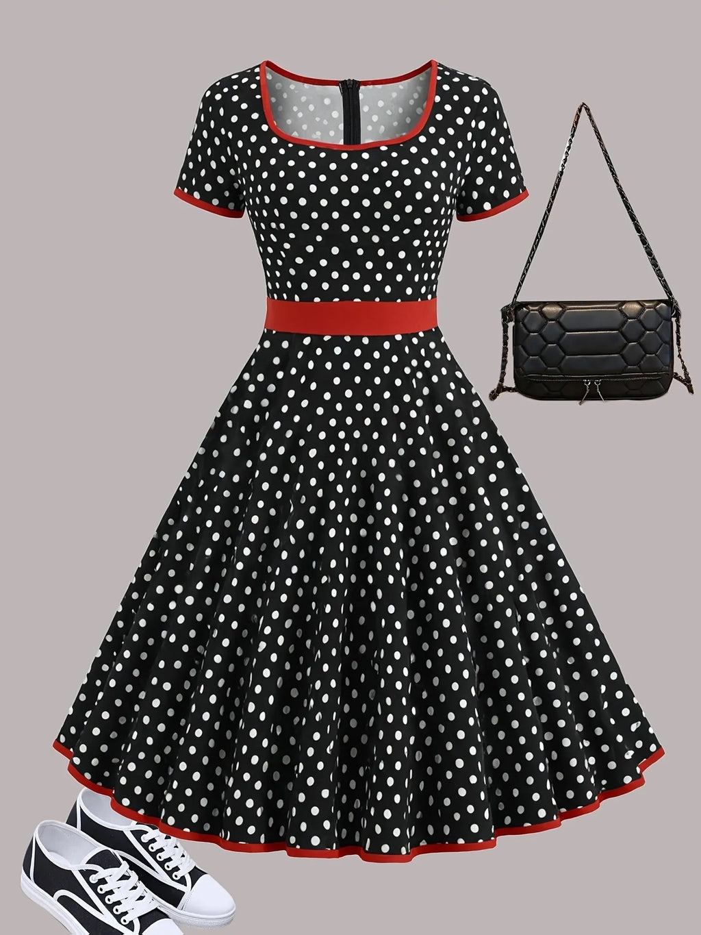 Multicolour polka dot pleated dress with square collar, short sleeves, and a front zipper.