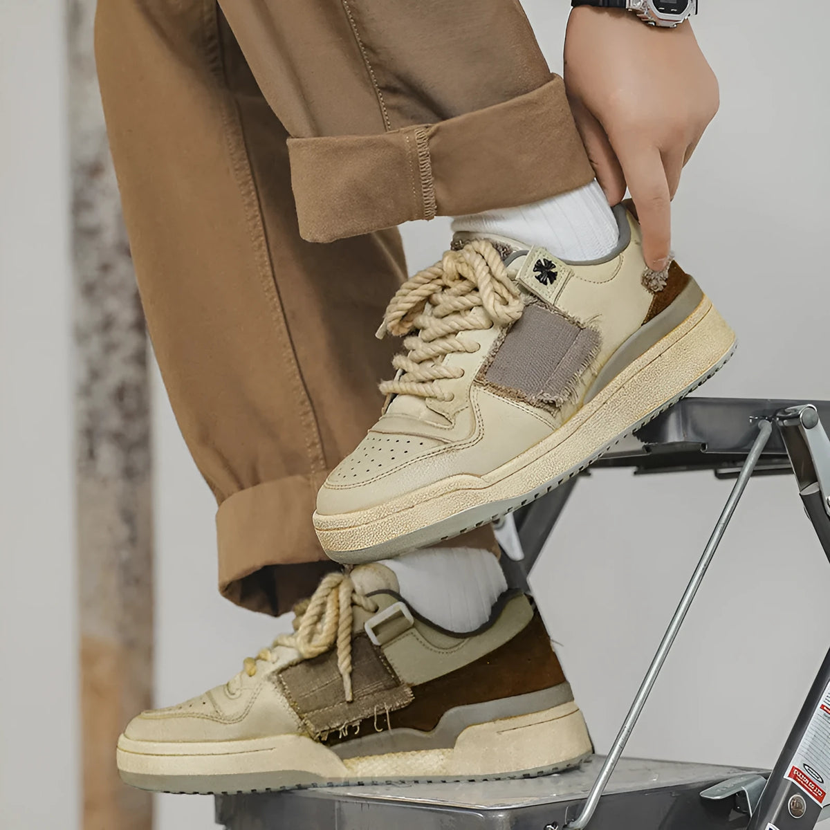 Beige low-top skateboard shoes with microfiber upper and rubber soles on white background