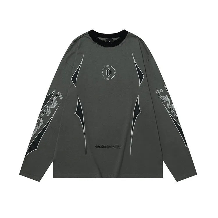 Grey khaki loose fit cotton pullover with drop shoulders, round neck, long sleeves, and a letter print.