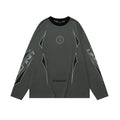 Grey khaki loose fit cotton pullover with drop shoulders, round neck, long sleeves, and a letter print.