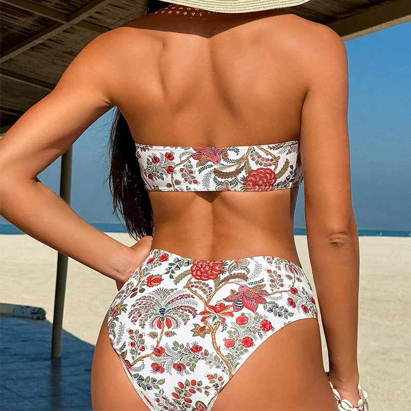 Women's printed bandeau swimsuit top and matching shorts set on a white background