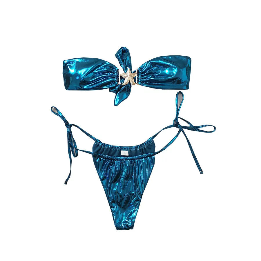 Women's glossy tube top bikini set with gold starfish design in sapphire blue