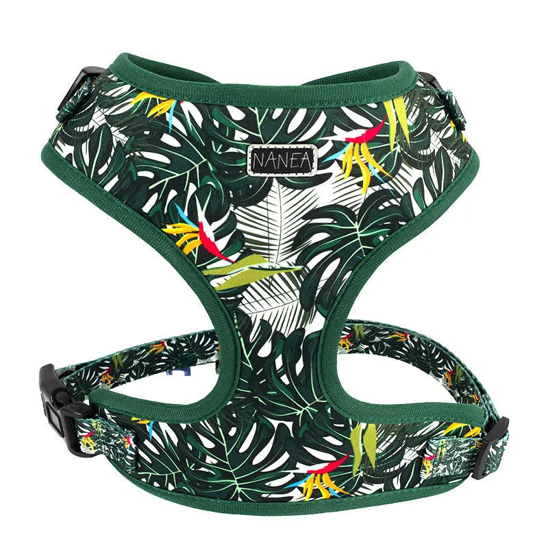 Six-piece adjustable dog harness set showing vest harness, lead, collar, poop bag holder, bow tie, and bandana in coordinating colours