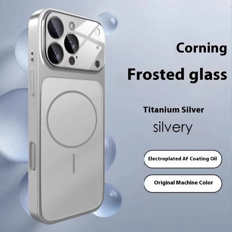 Black magnetic tempered glass iPhone case with frosted finish on a table.