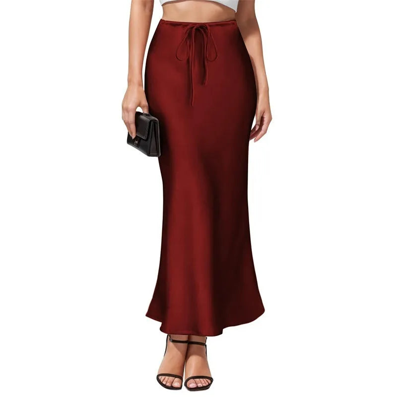 Asymmetric satin skirt with high waist and irregular stitching detail in six colour options