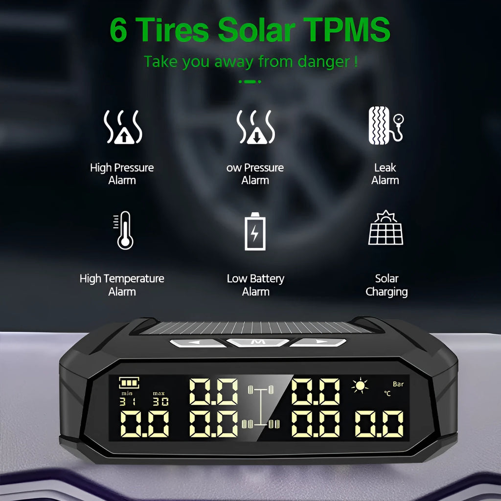 Solar external tire pressure monitor display unit with colour screen for six-wheel trucks