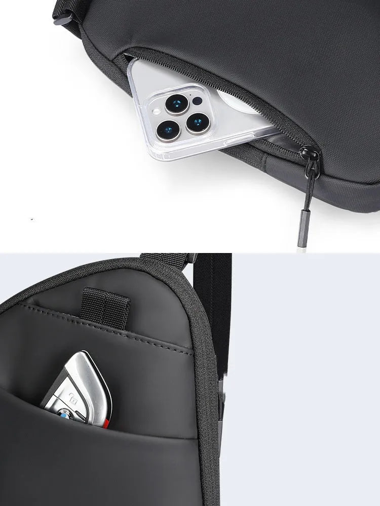 Men's elegant black Oxford cloth crossbody bag showing lightweight design and sewing thread reinforcement