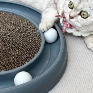 Round cat scratching board with ball track, 16 inch base, 11 inch reversible pad, Blue Gray Green or Purple.