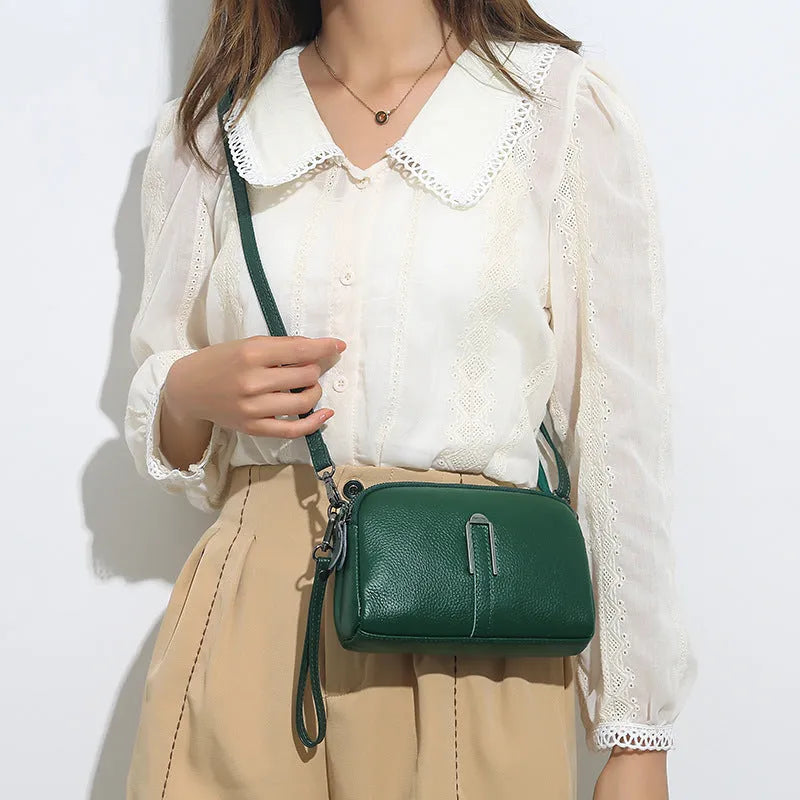 Women's genuine leather shoulder bag in horizontal square shape showing five colour options