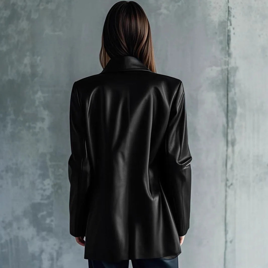 Black women's leather-style jacket medium length with long sleeves on hanger