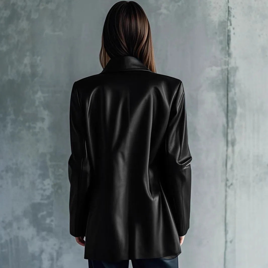 Black women's leather-style jacket medium length with long sleeves on hanger