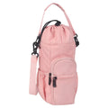 Cloth crossbody water bottle shoulder pouch shown in black, green, and pink colour options.