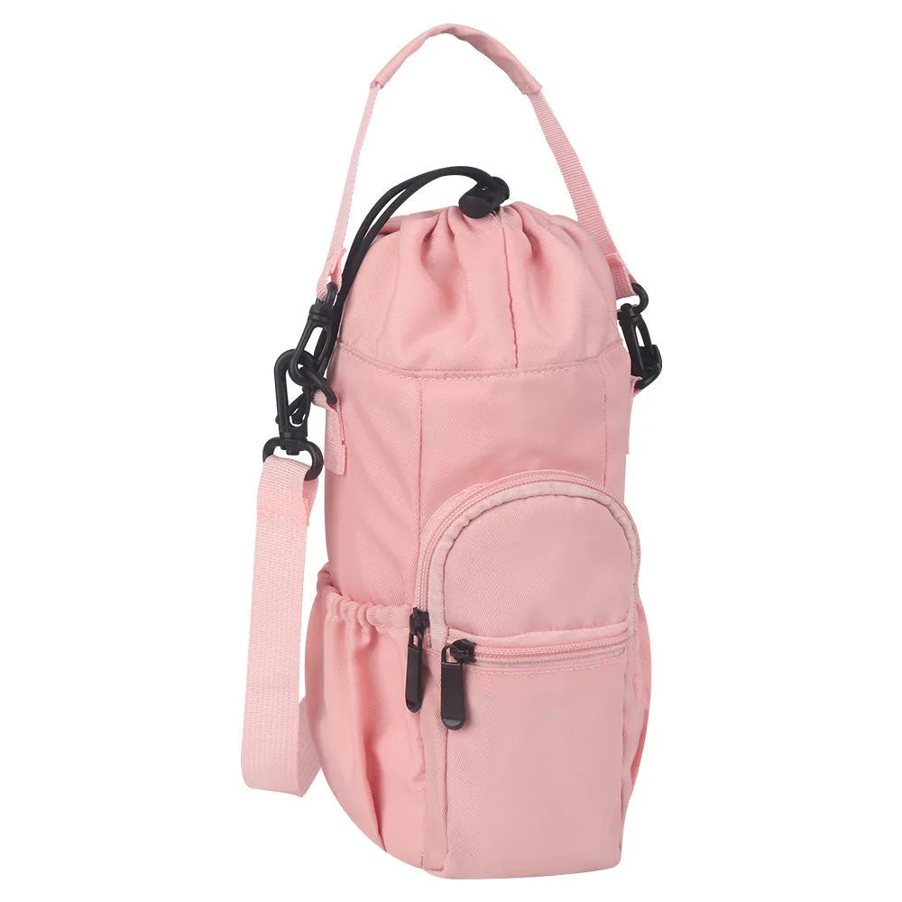 Cloth crossbody water bottle shoulder pouch shown in black, green, and pink colour options.