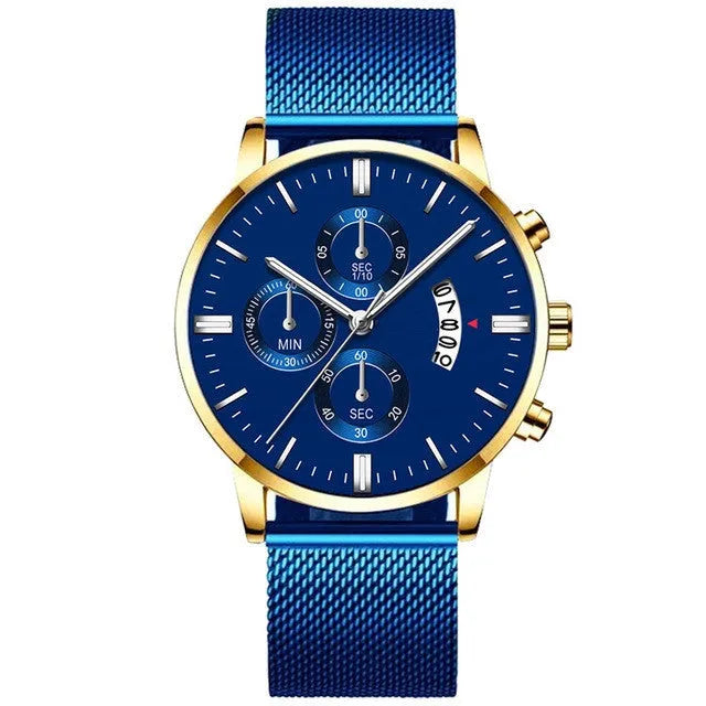 Men's stainless steel watch with mesh band and analog dial on wrist
