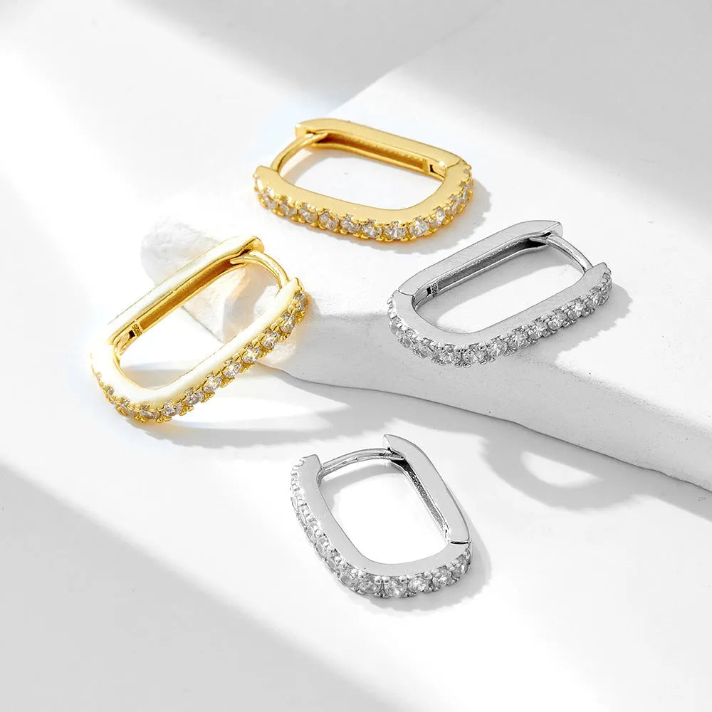 925 sterling silver oval geometric earrings with zircon stones and clip-on design