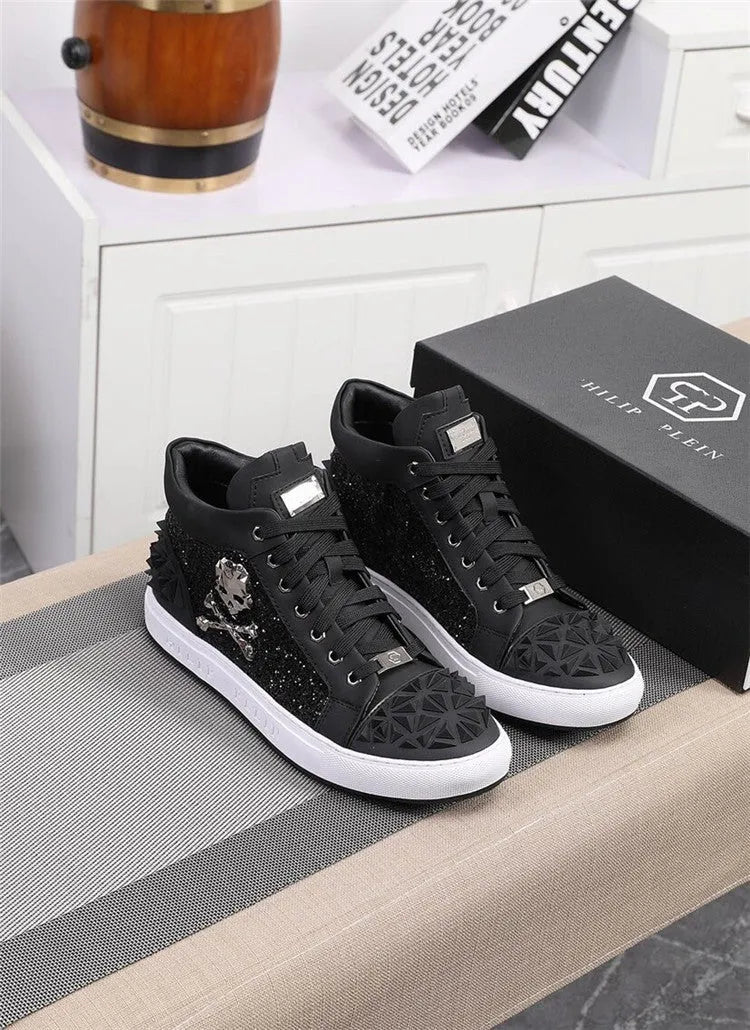 Men's black high top leather skeleton shoes with lace-up front and rubber sole