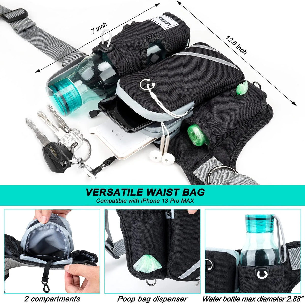 Black nylon dog walking waist bag set with leash and collar for hands-free outdoor training