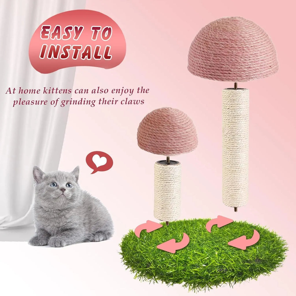 Pink mushroom-shaped cat scratching post with natural sisal cap and pole on a sturdy base.