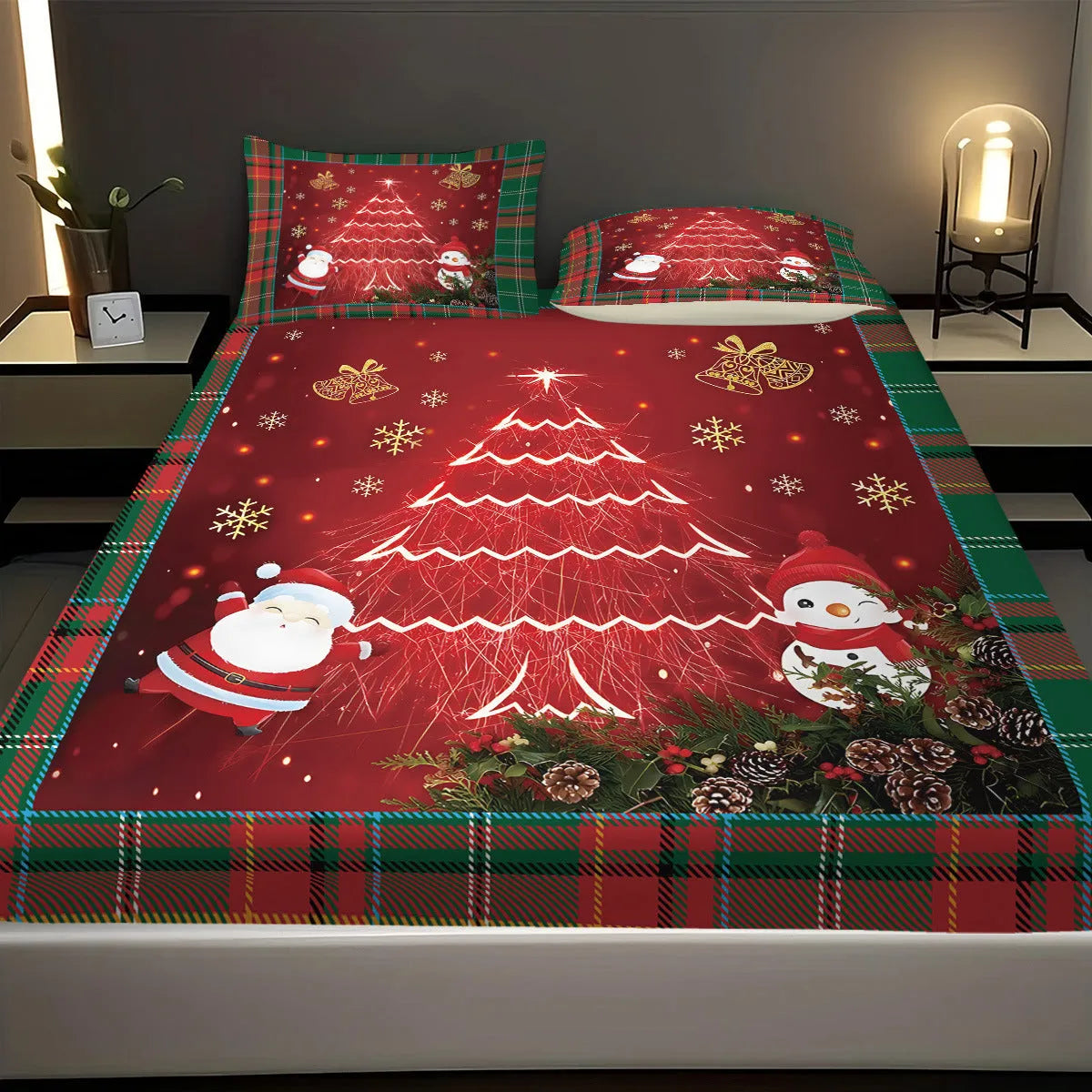Christmas tree 3D printed fitted sheet set with two pillowcases, chemical fibre, sizes 180x200 and 200x220