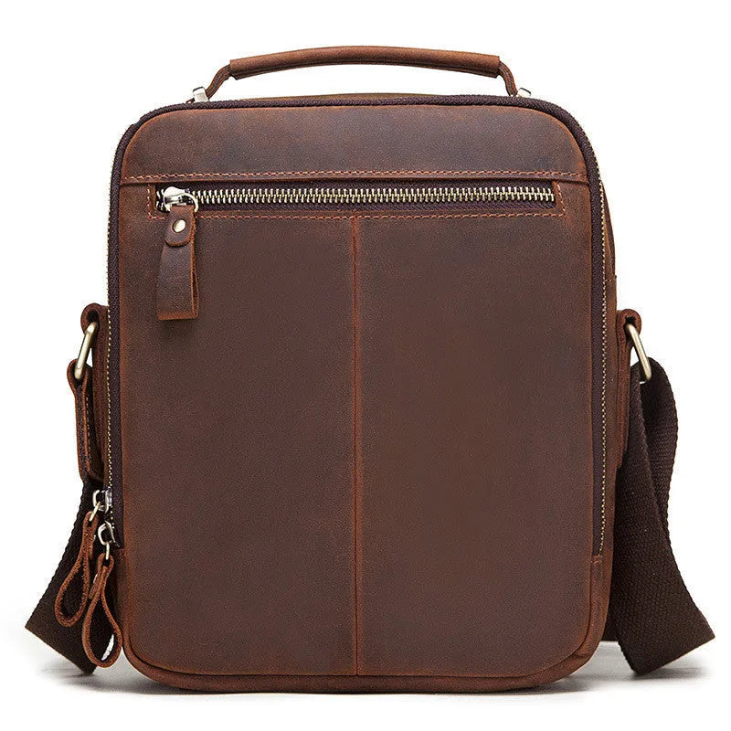 Men's brown leather crossbody bag with single-shoulder strap and retro styling details