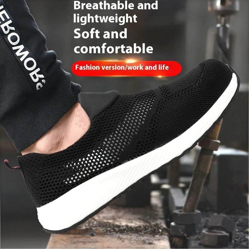 Men's lightweight mesh steel toe work shoe in black, side view on industrial floor.