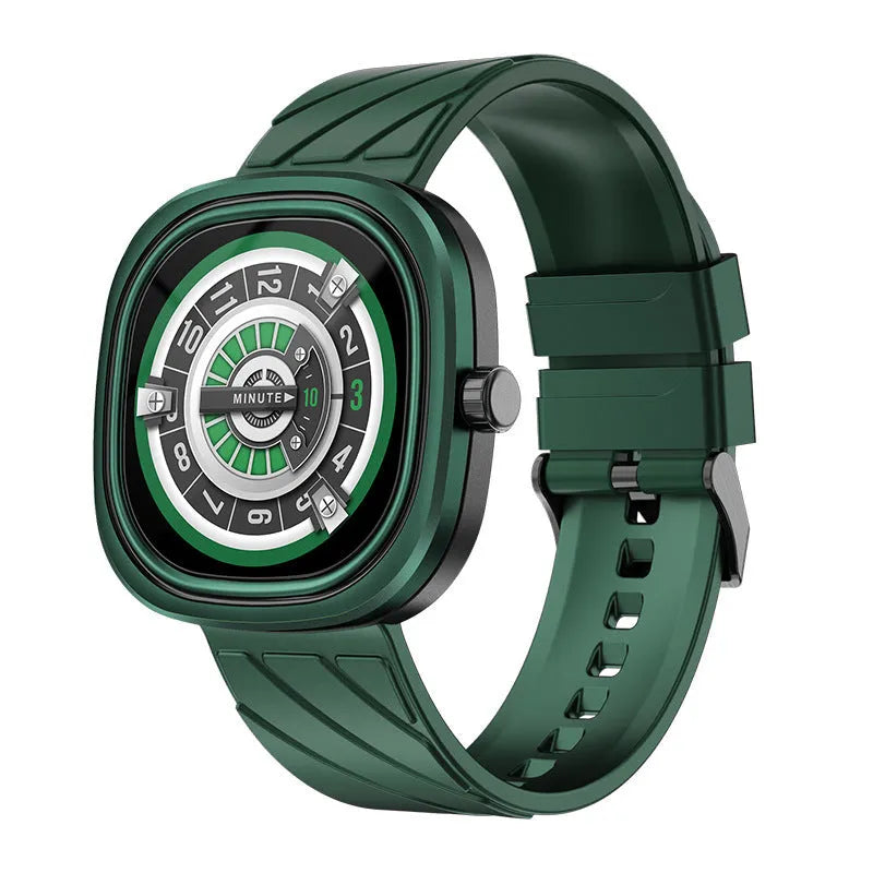 Bluetooth smartwatch bracelet with square 45.9mm case and 1.32-inch touch screen on silicone band