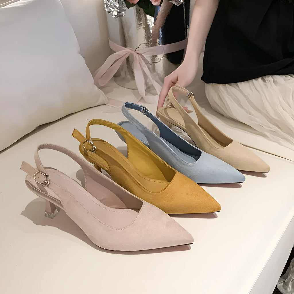 Women's suede stiletto high heels in pointed toe design showing apricot pink blue yellow colour options