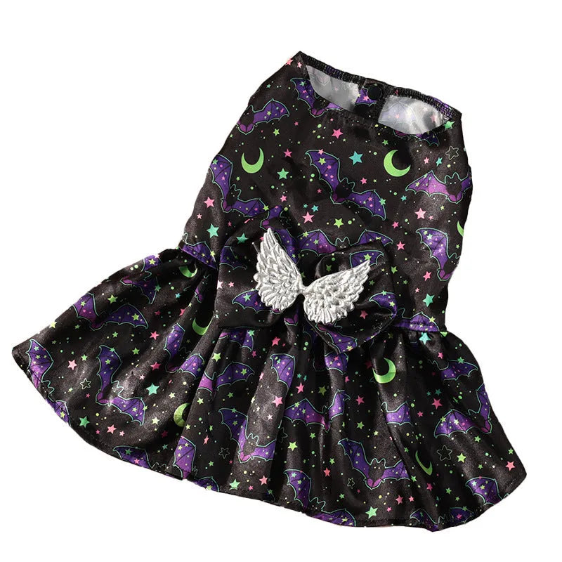 Angel wings Halloween dog costume in bright pumpkin orange and bat print polyester fabric