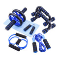 Seven abdominal wheels with push-up brackets in red, green, black, and blue colours for indoor fitness equipment