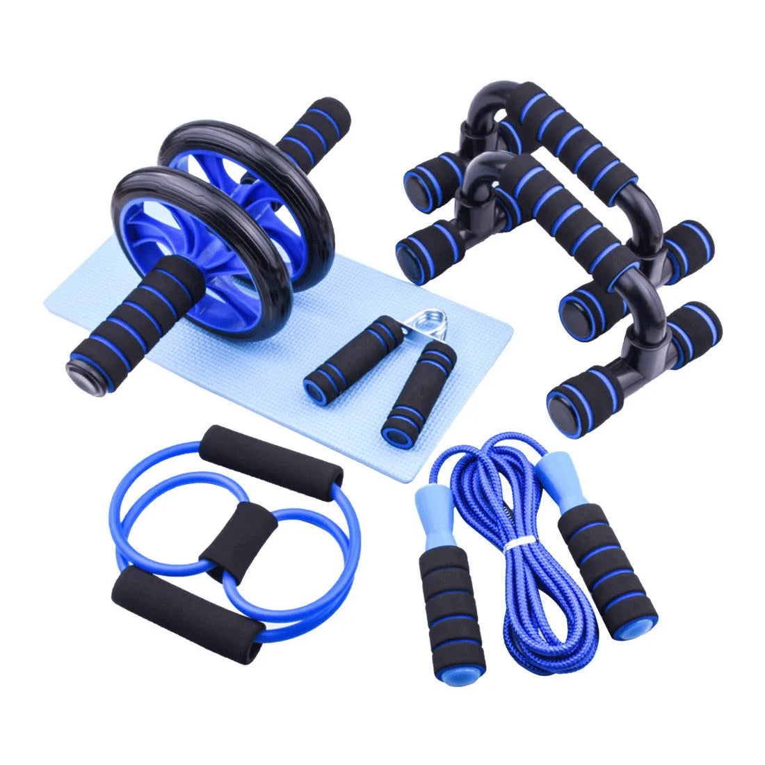 Seven abdominal wheels with push-up brackets in red, green, black, and blue colours for indoor fitness equipment