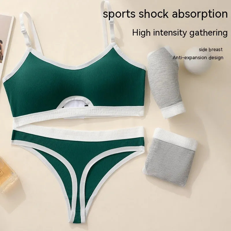 Women's white underwired cotton sports vest set with built-in bra and matching panties