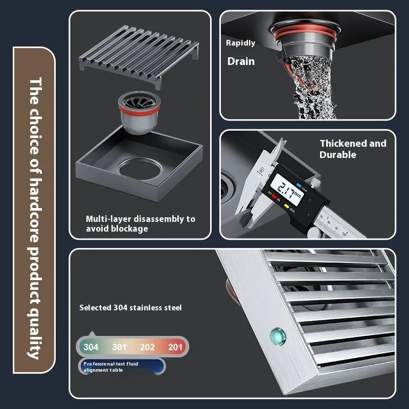 Gun grey 304 stainless steel courtyard deodorant floor drain with 15x15cm square grating