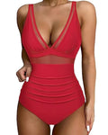 Women's high waist one-piece swimsuit in light green on a mannequin.