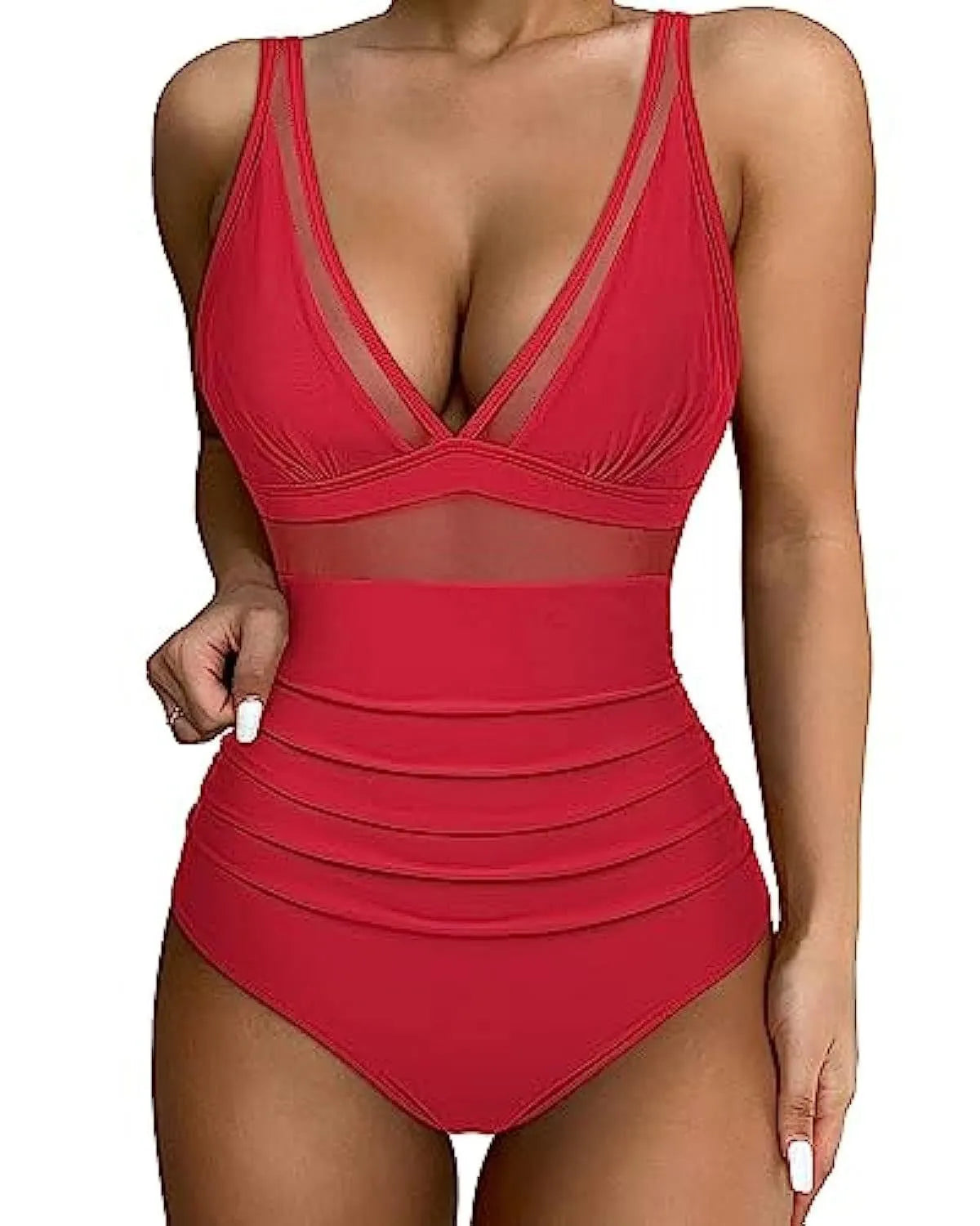 Women's high waist one-piece swimsuit in light green on a mannequin.